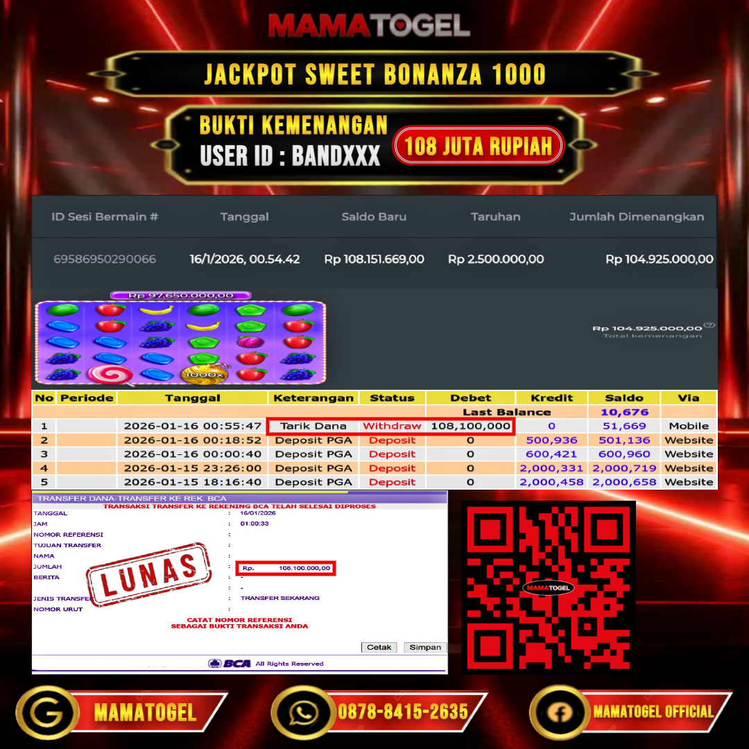 MAMATOGEL  JACKPOT SLOT SWEET BONANZA 1000 Rp.108.000.000,- LUNAS USER ID  : BAND**