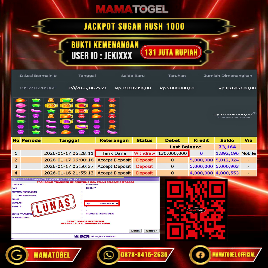 MAMATOGEL  JACKPOT SLOT SUGAR RUSH 1000 Rp.131.000.000,- LUNAS USER ID  : JEKI**