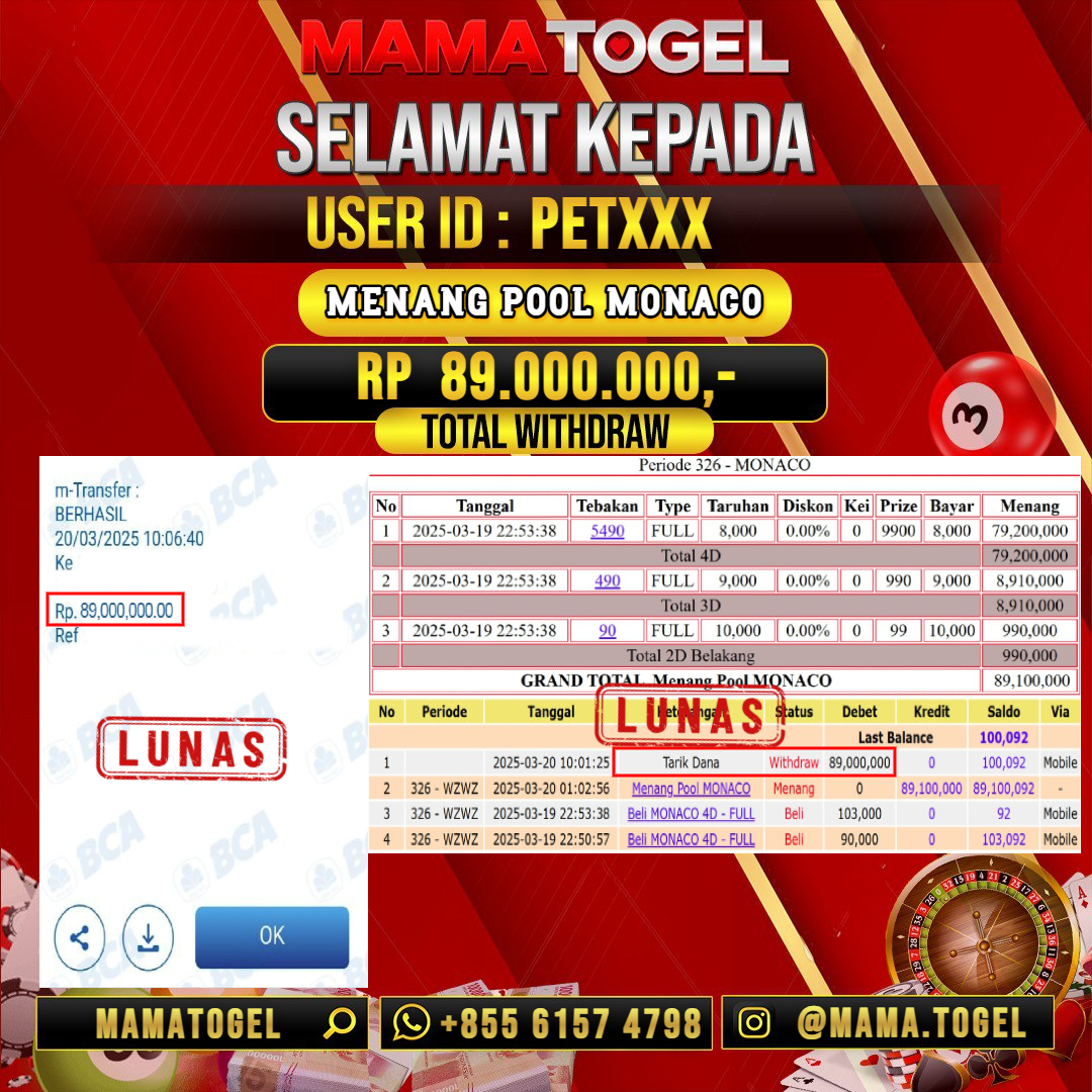 MAMATOGEL JACKPOT TOGEL MONACO Rp.89.000.000,- LUNAS USER ID : PET***