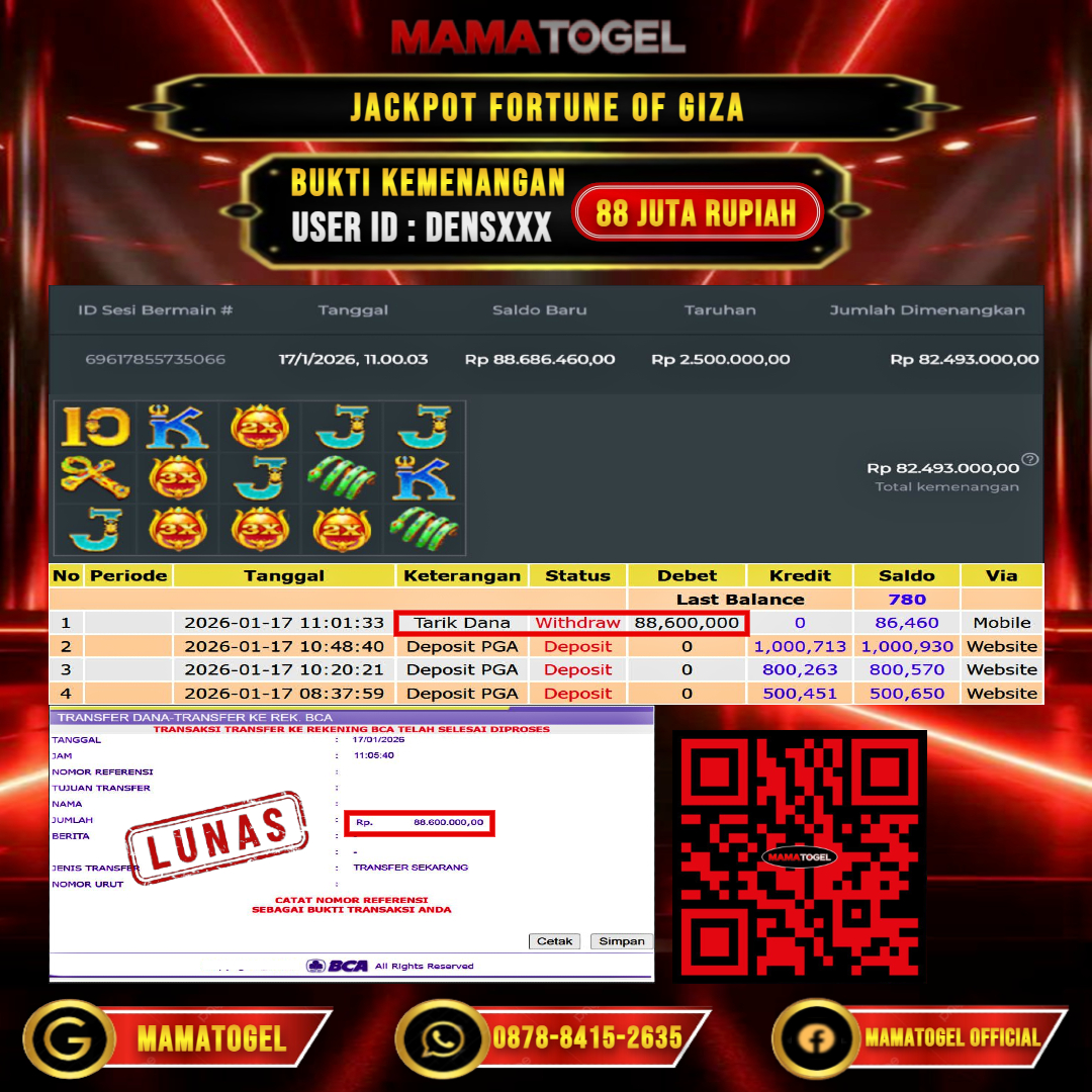 MAMATOGEL  JACKPOT SLOT FORTUNE OF GIZA Rp.88.000.000,- LUNAS USER ID  : DENS**