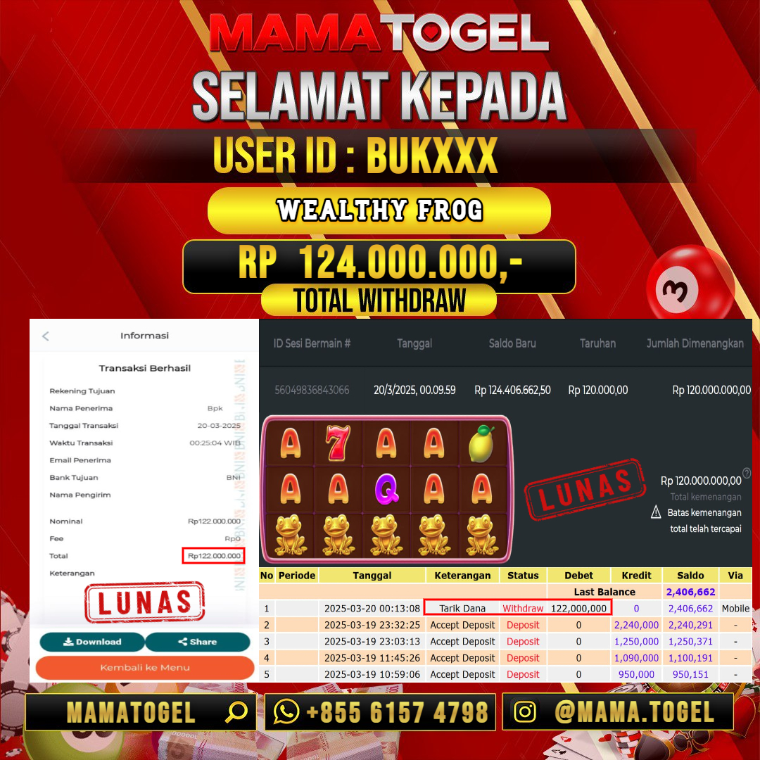 MAMATOGEL JACKPOT SLOT WEALTHY FROG Rp.124.000.000,- LUNAS USER ID : BUK***